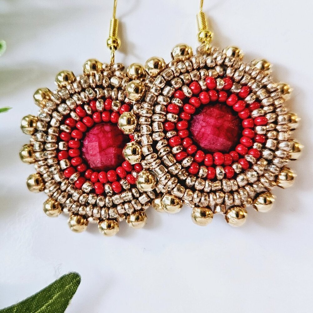 2/$27 | Gold + Red Shield Beaded Indigenous Hoop Earrings | Handmade